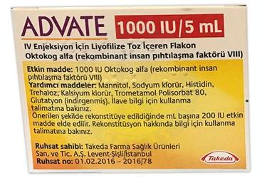 ADVATE 1000 IU/5 ML IV ENJEKSIYON ICIN LIYOFILIZE TOZ ICEREN FLAKON