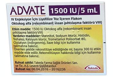 ADVATE 1500 IU/5 ML IV ENJEKSIYON ICIN LIYOFILIZE TOZ ICEREN FLAKON