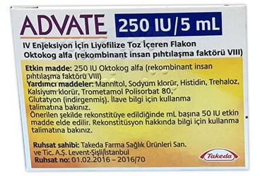 ADVATE 250 IU/5 ML IV ENJEKSIYON ICIN LIYOFILIZE TOZ ICEREN FLAKON