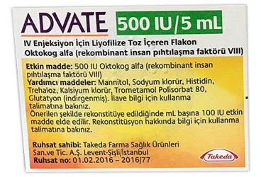 ADVATE 500 IU/5 ML IV ENJEKSIYON ICIN LIYOFILIZE TOZ ICEREN FLAKON